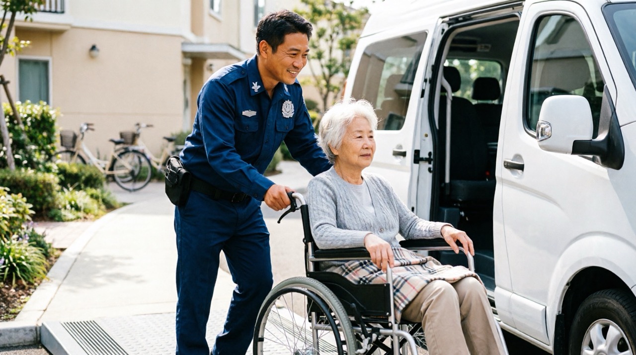 Caregiver assisting elderly woman in wheelchair into transport van